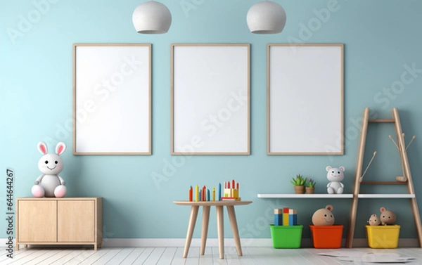 Fototapeta Mock up posters in child room interior, posters on empty blue wall background