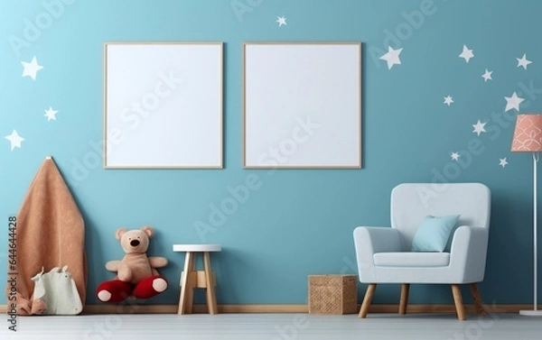 Fototapeta Mock up posters in child room interior, posters on empty blue wall background