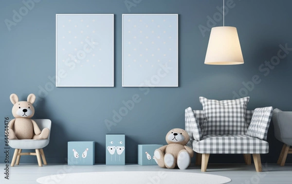 Fototapeta Mock up posters in child room interior, posters on empty blue wall background