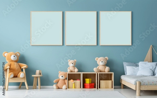 Fototapeta Mock up posters in child room interior, posters on empty blue wall background