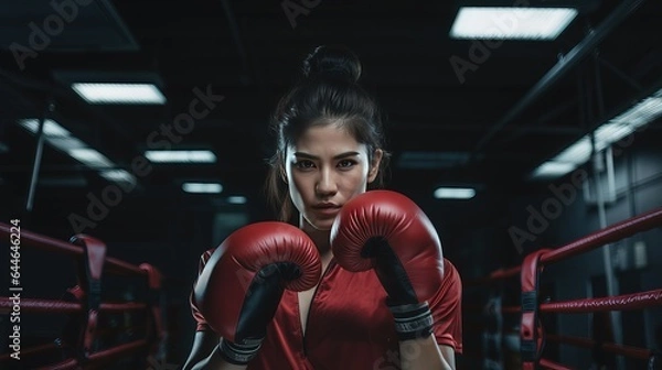Obraz Female boxer wearing boxing gloves. Generative AI.