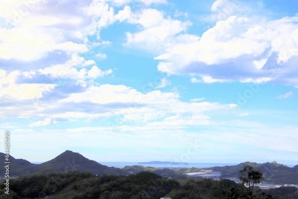 Fototapeta 福岡県新宮町の相島と夏の雲