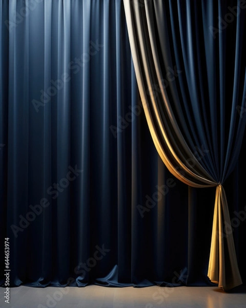 Fototapeta A sophisticated background with a deep navy blue wall illuminated by a golden light streaming through a window covered by heavy velvet curtains. The intricate shadows cast by the curtains
