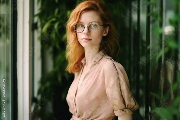 Fototapeta Young Fictional Cute Redhead Lady Wearing Glasses. Realistic Digital Painting Portrait. Generative AI Illustration.
