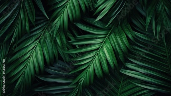 Fototapeta Abstract palm leaf texture, dark green foliage nature background.