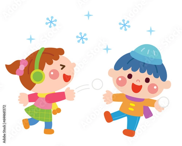 Fototapeta 雪がっせんをする子どもたちのイラスト