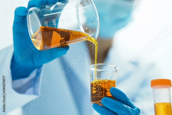Fototapeta Close-up of laboratory technician conducting rigorous oil test, ensuring product integrity and safety, oil sample for quality control and purity testing, advancing petrochemical knowledge