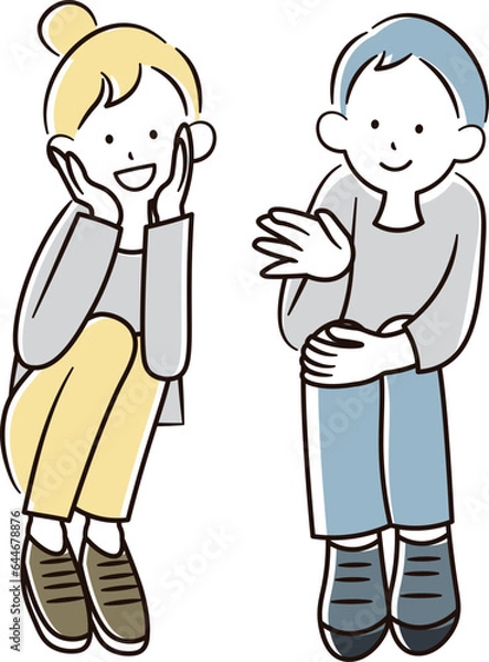 Fototapeta 座って話をするアジア人の男性と女性のイラスト素材