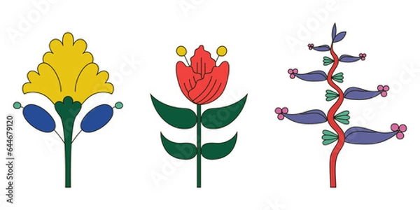 Fototapeta A set of three stylized flowers, colored drawing, floral element