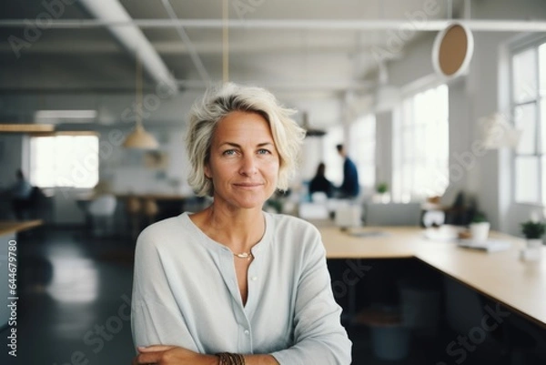 Fototapeta Smiling portrait of a happy senior woman working for a startup company in an office
