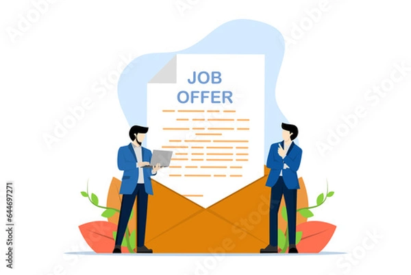 Fototapeta concept of job offer or job opportunity for promotion or new position for higher salary, recruitment, human resources, aspiring entrepreneur thinking about receiving job offer email envelope.