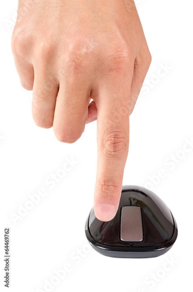 Fototapeta Finger points to right button of touch computer mouse isolated
