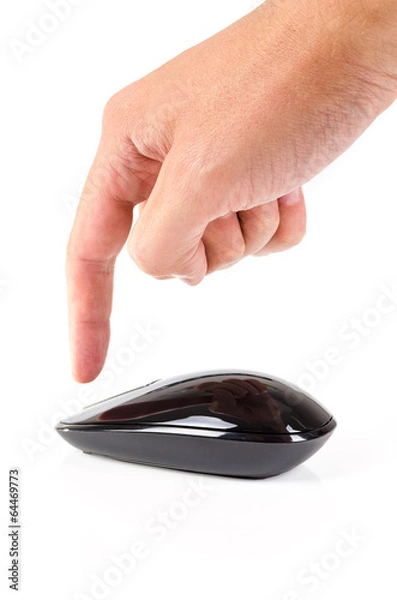 Fototapeta Black touch wireless modern computer mouse with finger isolated