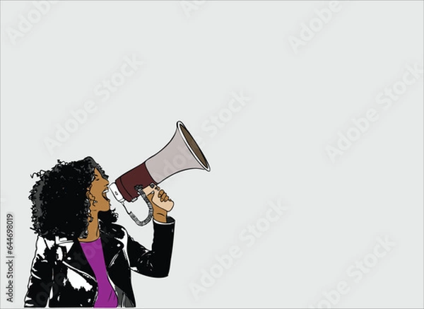 Fototapeta Women shouting through megaphone for making announcement or news. Expressing success and positive concept, idea for marketing or sales stock photo.