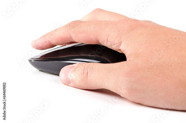 Fototapeta Black touch wireless modern computer mouse in hand isolated