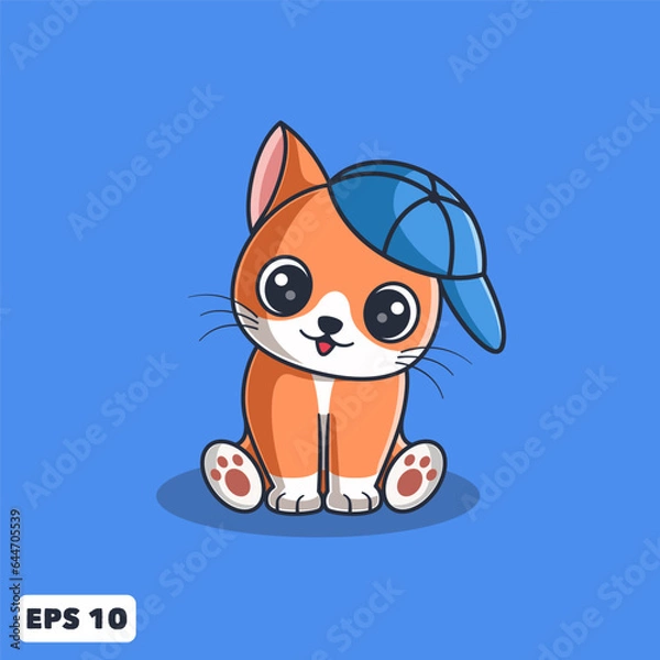 Obraz Vector Cute Orange Cat Sitting and Wearing A Hat. Animal Cartoon Illustration for Logo, Mascot, Icon