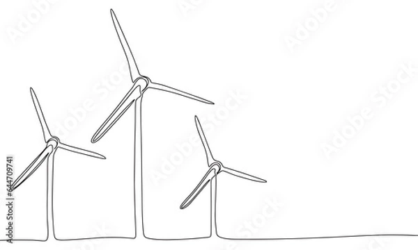 Fototapeta Wind turbine one line continuous banner. Line art windmills concept banner. Outline vector illustration.