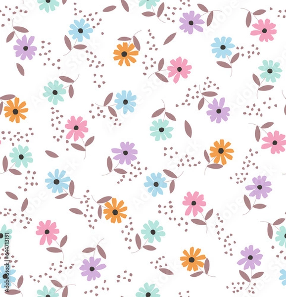 Fototapeta seamless patterns with vintage groovy daisy flowers. Retro floral background surface design, textile, stationery, wrapping paper, covers. 60s, 70s, 80s style