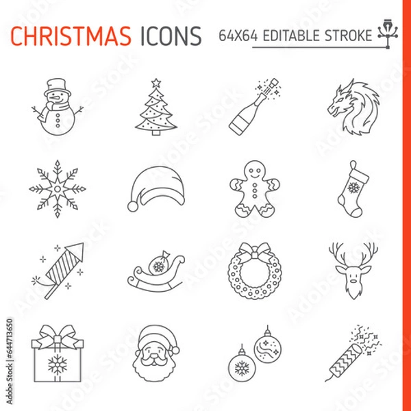 Obraz Christmas line icon set, holiday vector collection, logo illustrations, new year symbols vector icons, outline style pictogram pack, editable stroke icons.