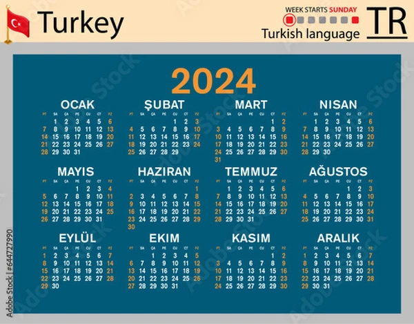 Fototapeta Turkish horizontal pocket calendar for 2024. Week starts Sunday