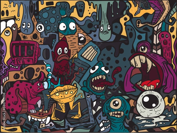 Obraz Hand Drawn Vivid Color Pattern Grafiti Draw Doodle Halloween Art Patterns For Textiles Children's Clothing, Background