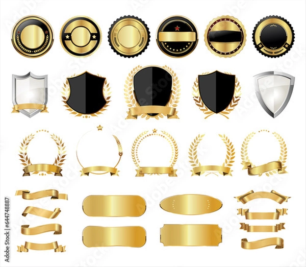 Obraz Collection of golden badge laurel wreaths golden shields and labels