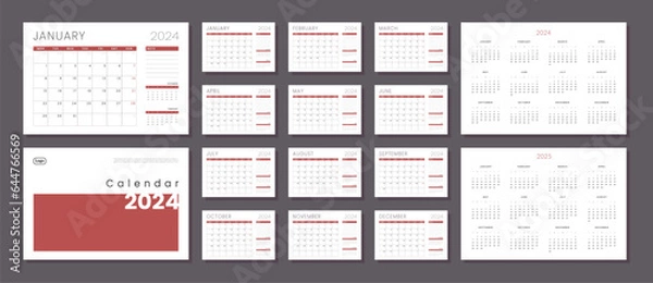 Fototapeta Set of Monthly pages Calendar Planner Templates 2024-2025 with Cover and place for Photo, Logo in grey and red color for print. Vector layout of a wall or desk simple calendar with week start Monday.