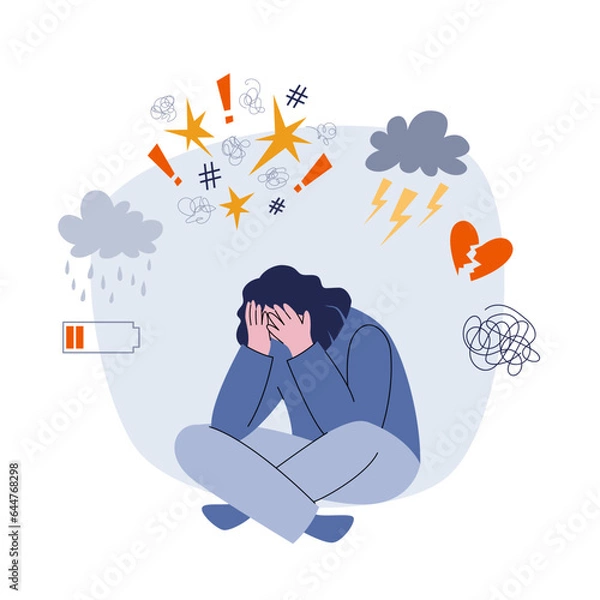 Fototapeta Stressed woman sitting on the floor. Girl surrounded by different causes and effects of stress. Flat style vector illustration of mental disorder.
