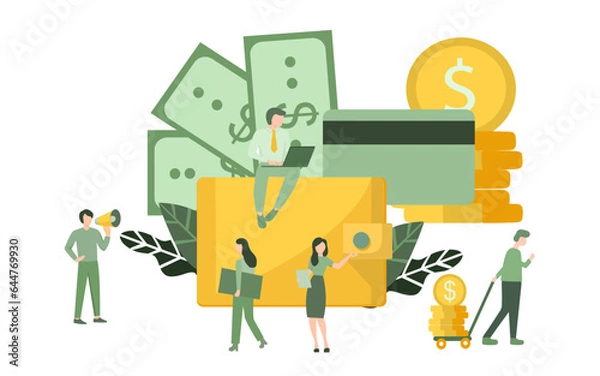 Fototapeta Vector illustration about online business concept. online transfer, credit card, debit card. flat design for business presentation, website, banner and flayer.