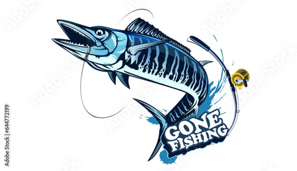 Fototapeta Vector Illustration of a wahoo. Acanthocybium solandri. A scombrid fish jumping up viewed from the side set on isolated white background done in retro style.