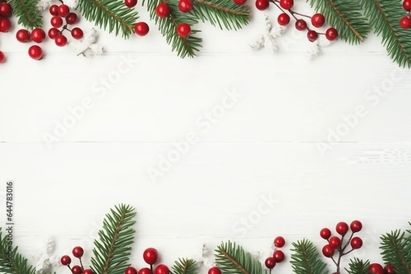 Fototapeta Christmas frame made of fir branches, red berries. Christmas wallpaper. Flat lay, top view, copy space. generative ai.
