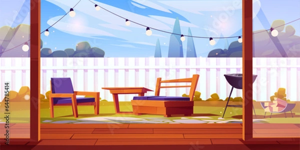 Fototapeta House backyard garden with fence cartoon vector. Summer outdoor patio with bbq, table and wooden floor in modern condominium environment. Barbeque on sunny day back yard design scene illustration