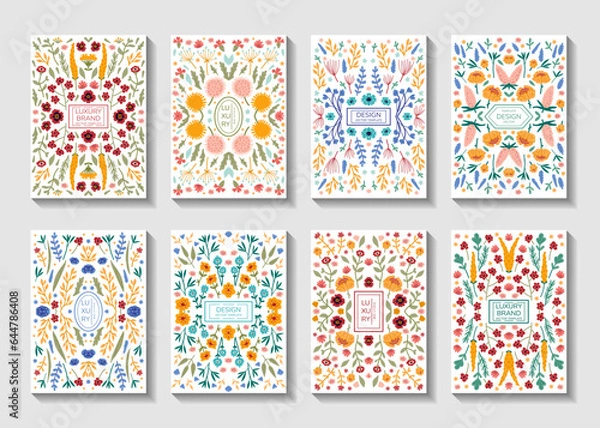 Fototapeta Vector set of luxury floral patterns, invitation cards, banners with doodles floral with roses, leaves, floral bouquets, flower compositions. Notebook covers design. Package for perfume, jewelry