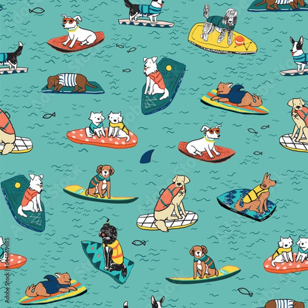 Fototapeta Dog surfing vector seamless pattern.