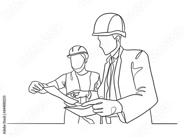 Fototapeta Continuous one line drawing of civil engineers illustration. Vector illustration.