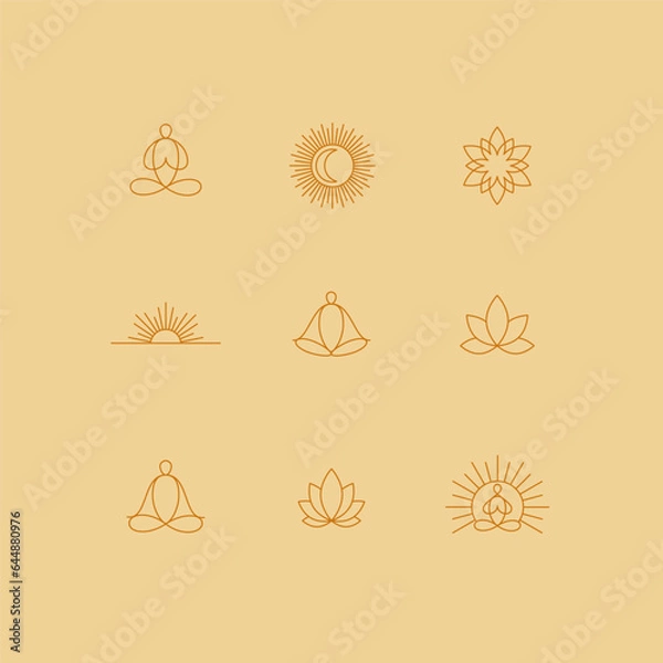 Obraz Set of linear symbols. Yoga, meditation, lotus, sun. Collection of design elements. Vector illustration.	