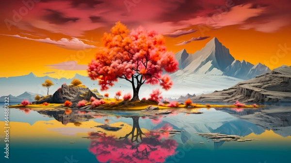 Fototapeta Bunte Landschaft mit einem Baum. Generiert mit KI