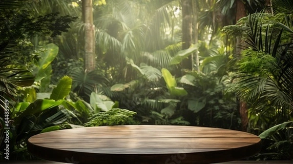 Fototapeta Photo of a round wooden table in a lush jungle setting