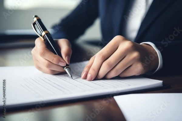 Fototapeta Businesswoman write on a white paper sheet, close up. Singing documents. AI generative