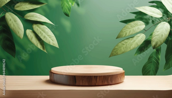 Obraz Vector Minimal modern product display on green background. Wood slice podium and green leaves. Concept scene stage showcase for new product, promotion, cosmetic, sale, banner, presentation.
