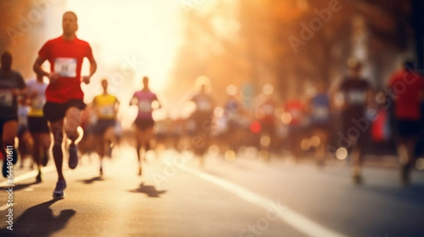 Fototapeta Group of marathon runners in the city. Low angle view of runners in competition