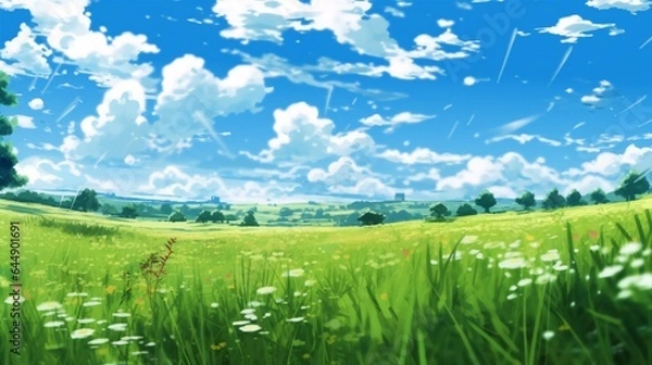 Fototapeta Sunny Anime landscape of Clear Sky and Vibrant Fields.