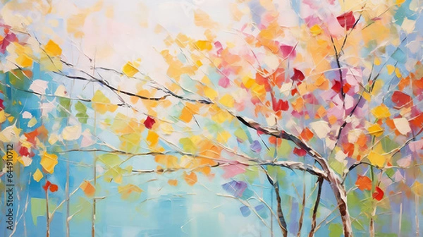 Fototapeta Abstract rough colourful  art painting of trees, with oil brushstroke, pallet knife paint on canvas,vivid colours, impasto technique. Ai generative.