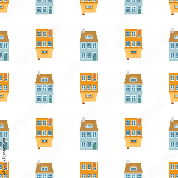 Fototapeta Endless background with cute vintage houses with windows and doors. Repeating print of sweet homes in Nordic Scandi style. Flat style vector illustration for fabric, wrapping, textile, wallpaper.