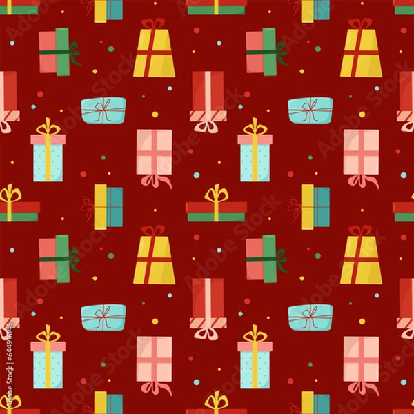 Fototapeta Seamless background with multicolored gift boxes with bows on a red background. Gift for Valentine's Day, Birthday, Christmas, New Year. Vector design for greeting cards, wrapping paper, fabric