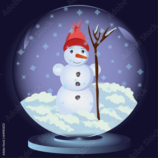 Fototapeta  snowman, snow falls, christmas glass ball, snowman with a broom, snow globe, snowman in a hat
