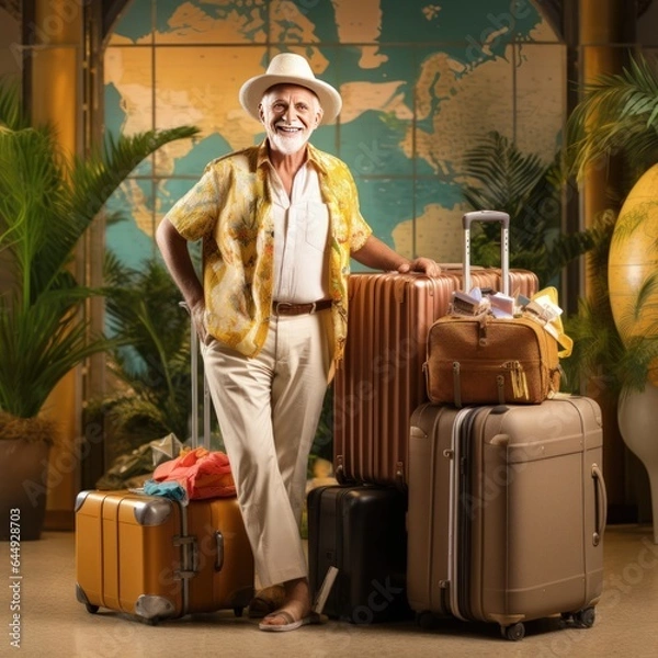 Fototapeta Radiant Traveler: Portrait of a Happy Senior Man with Suitcases in a Hotel Lobby. Generative ai.