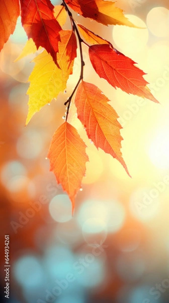 Fototapeta Red, orange, yellow leaves on bokeh background. Autumn wallpaper