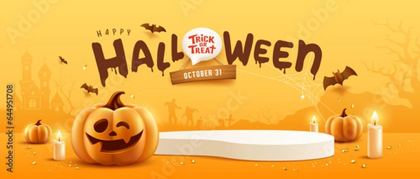 Fototapeta Happy Halloween podium, pumpkin candle, and bat on yellow banner design background, Eps 10 vector illustration

