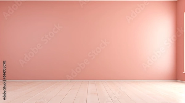 Fototapeta Empty light pink wall with wooden floor and beautiful chiaroscuro. Minimalist background for product presentation, backdrop